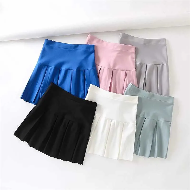 Kobiety Wysoki wzrost Plisowane Mini Spódnica z zamocowaniem Zip-Side Mocowanie 6 Kolory Raw Hem Stretch Spódnice Koreańskie Kobiety 3is4 210603