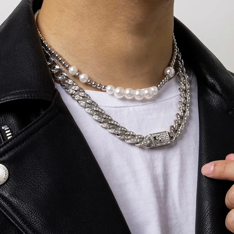 Colliers pendants Luxury Iced Out Ringestone Miami Coubain Chain Collier Set CZ Bling Rapper Pearl Choker Set pour les hommes Punk Jew339s