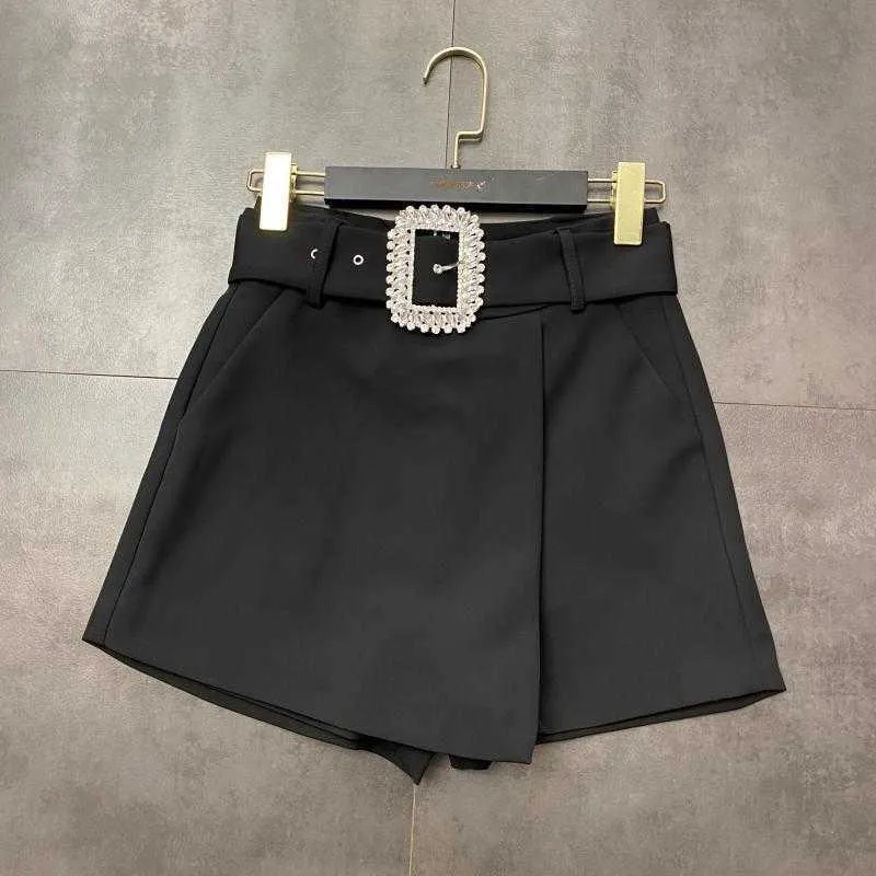 autumn Shiny Belt Short Pants Boots Shorts Fashion Women High Waist Wide Leg 210719