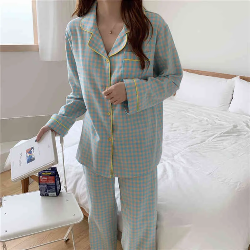 Pigiami da notte Gentle Plaid Two Piece Suit Warm Cotton Homewear Soft Casual Loose Fashion maniche lunghe Pigiama Set 210525