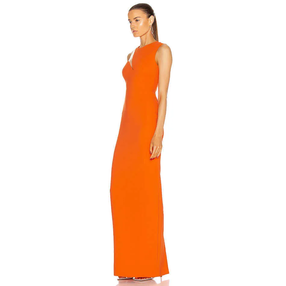 Sommer Mode Elegante Frau Verband Kleid Sexy Rundhals Ärmellose Strumpfhosen Orange Lange Promi Party 210525