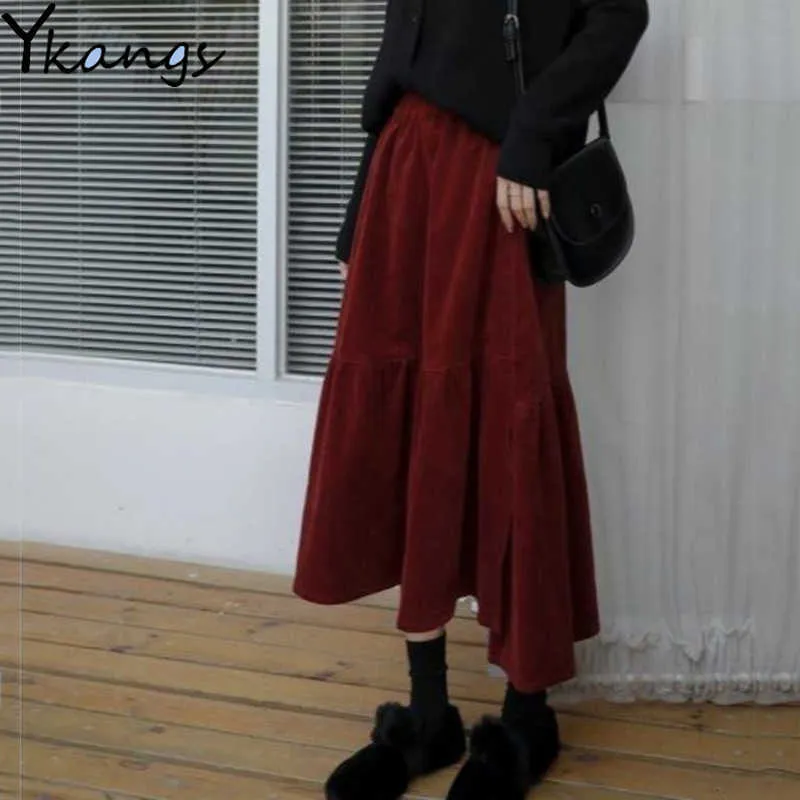 Plus Size Autumn Winter Corduroy Skirt Women Vintage Wine red Midi Long Skirts Female Elastic High Waist A-line Pleated Skirt 210619