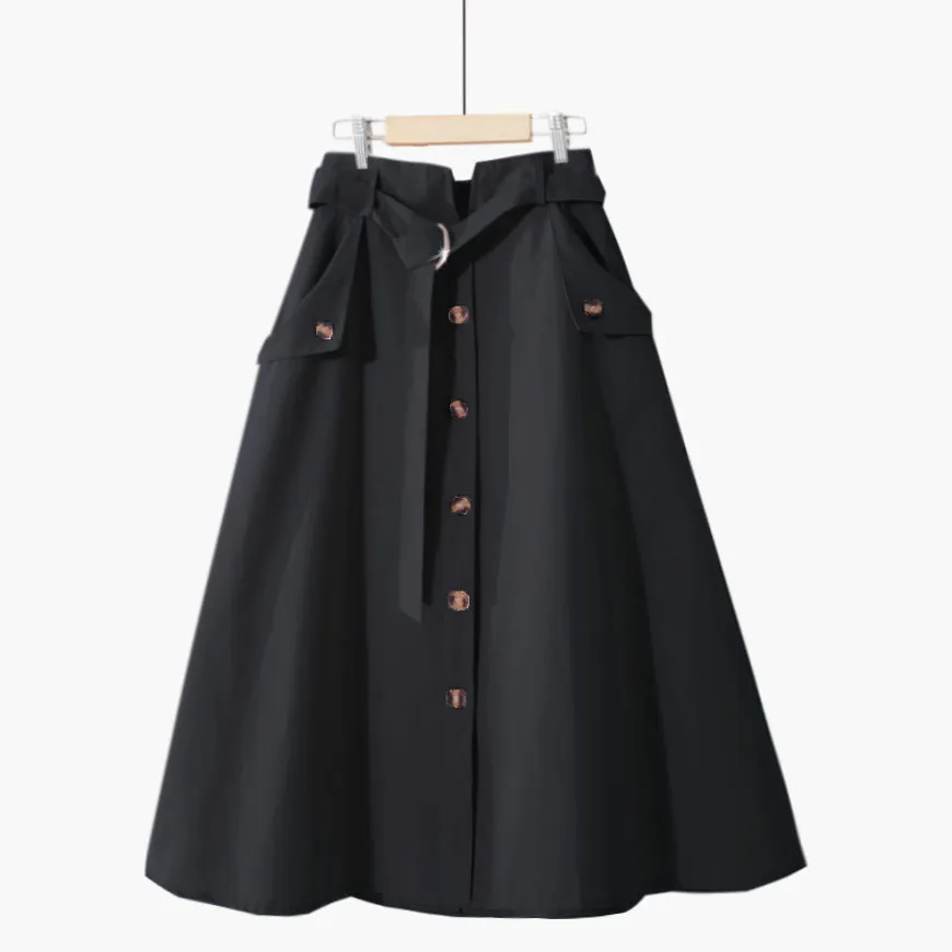 Summer Lace Up Cotton Solid Mid Skirt For Womens High Waist Single-breasted A-line Skirt Women Black High Waist Skirt Femme 210315