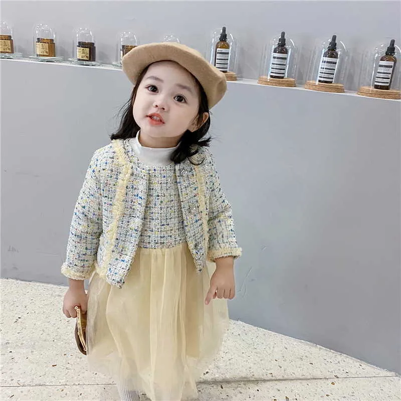 Gros printemps bébé fille 2 pièces ensembles sans manches jaune laine gilet fil jupe + dame style manteau enfants tenues E8058 210610