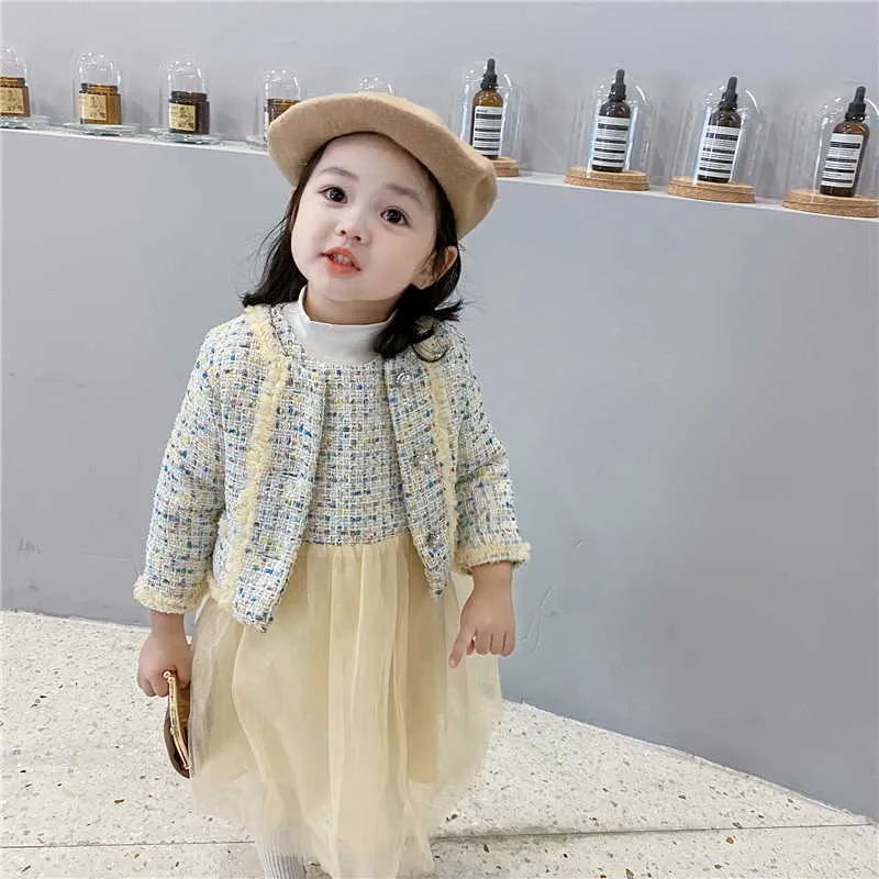 Wholesale Spring Baby Girl 2-PCSセットノースリーブイエローウールベストヤーンスカート+レディスタイルコートキッズ衣装E8058 210610