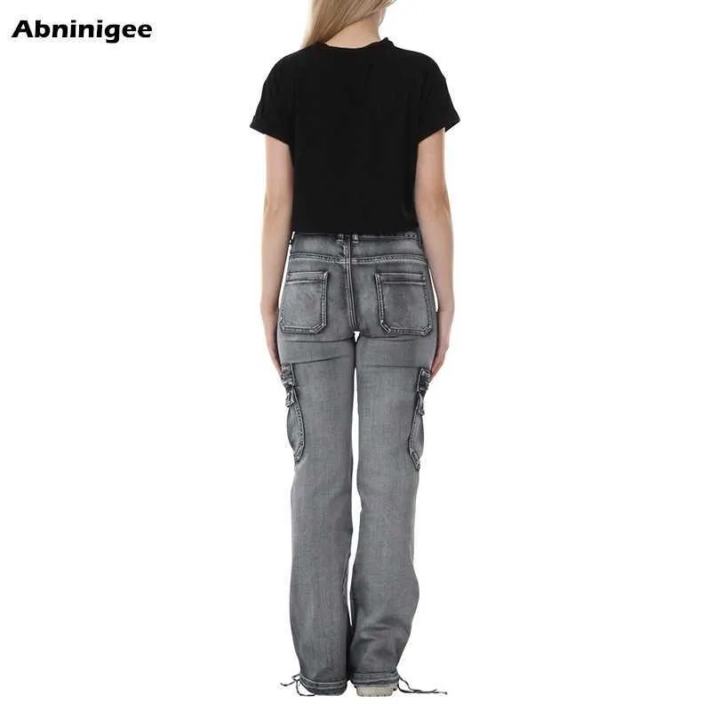 Jeans Femme Taille Haute Jambe Large Y2K Cargo Flare Vintage Casual Multi Poche Lavé Denim Bell Bottom Pantalon Plus Taille 210809