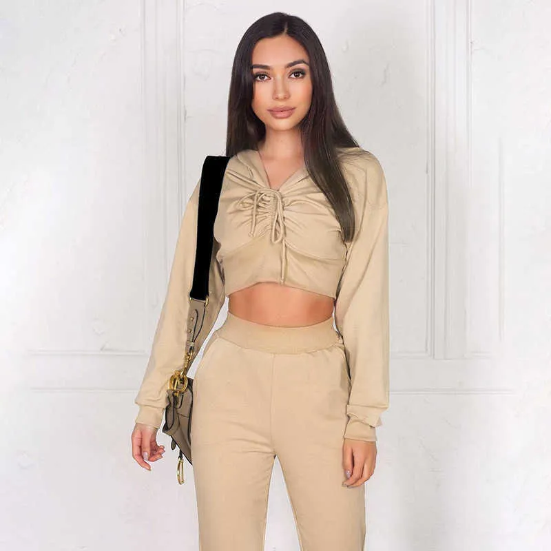 Colysmo Two Piece Outfits Women Ruched Drawstring Crop Top Solid Color Sweatpants and Hoodie Set Ladies Fashion Casual Tracksuit 210527