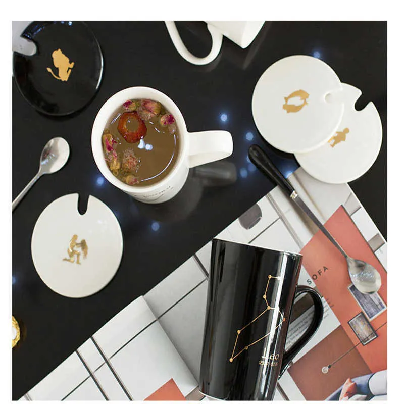 Tasses en céramique 12 Constellations Verre créatif avec couvercle cuillère Noir et or Porcelaine Zodiac Milk Coffee Cup Drinkware 210804