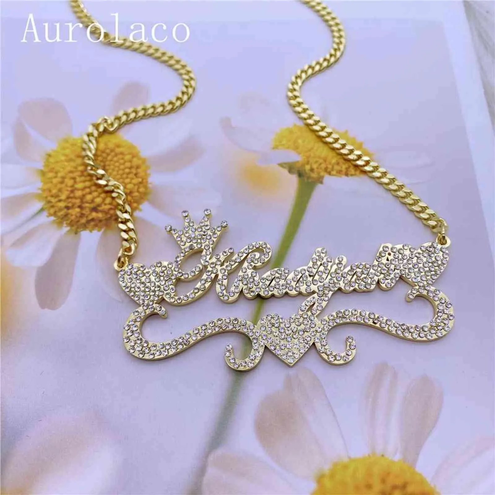 AurolaCo Custom Name Necklace with Diamond Custom Bling Name Necklace Stainless Steel Gold Nameplate Necklace For Women Gift 211117868872