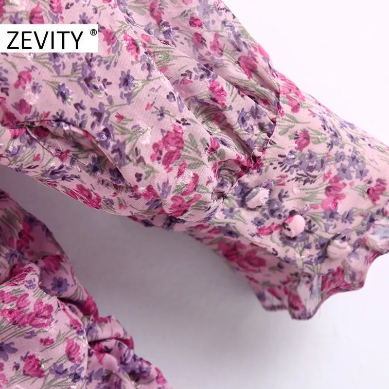 Zevity Women Fashion Square Collar Flower Print Pleated Mini Dress Lady Puff Sleeve Casual Slim Vestidos Chic Dresses DS4526 210303