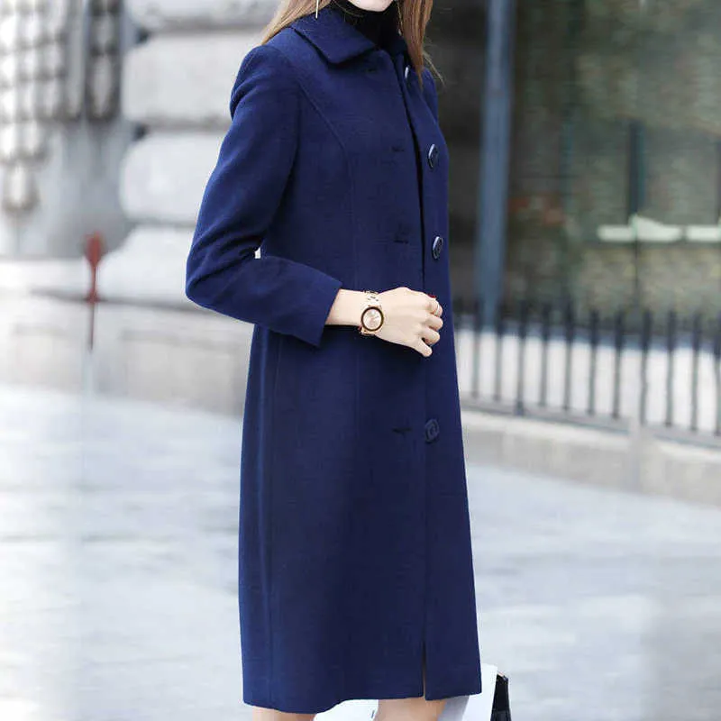 Mode britannique solide bouton laine manteau femmes grande taille à manches longues manteaux femme élégant poche Slim Outwear Mujer 210924