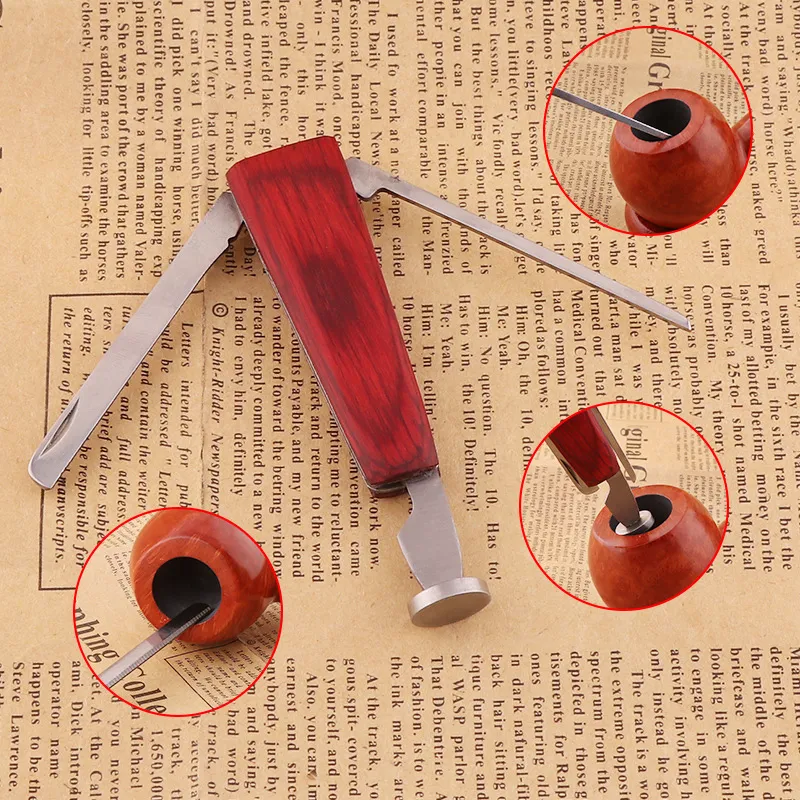 10 pezzi Fumo di tabacco 3in1 Red Wood Alesatori la pulizia dei tubi in acciaio inossidabile Tamper Tool Accessori tubi di tabacco Strumento di pulizia più pulito C0310