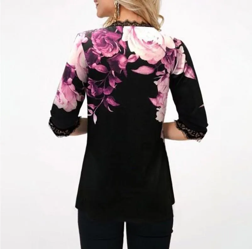 Плюс размер 5-кратный рубашка блузя рубашка Boho Print Lace Splice Женские топы V-образного выреза Vesecual Casual Summer Tee Rube 210302
