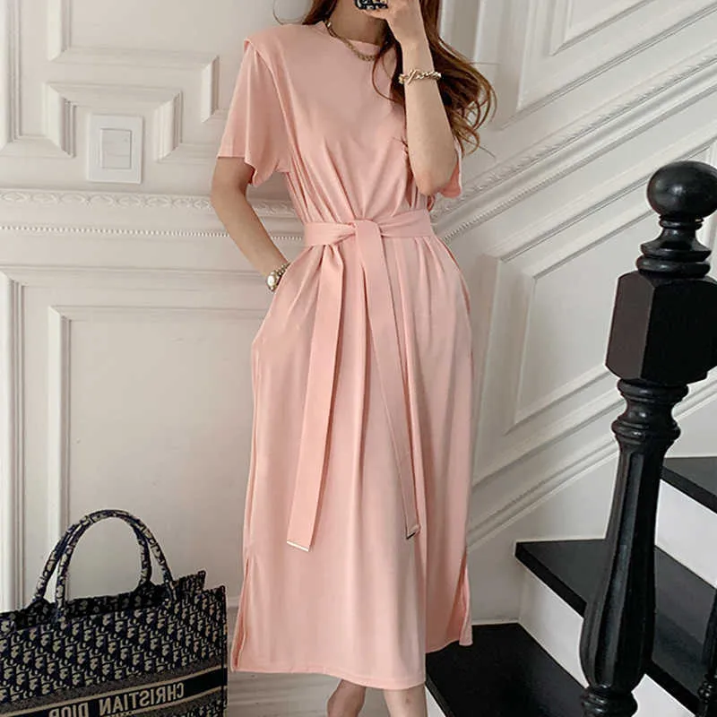 Korejpaa Frauen Kleid Sommer Koreanische Chic Damen Französisch Elegante Rundhals Krawatte Taille Abnehmen Kurzarm Split Vestidos 210526