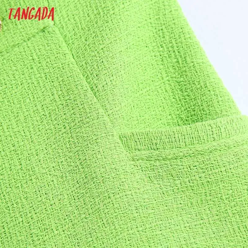 Tangada Donna Pantaloncini di tweed verde Vintage Vita alta Cerniera posteriore con fodera Pantaloni corti femminili Mujer BE803 210609