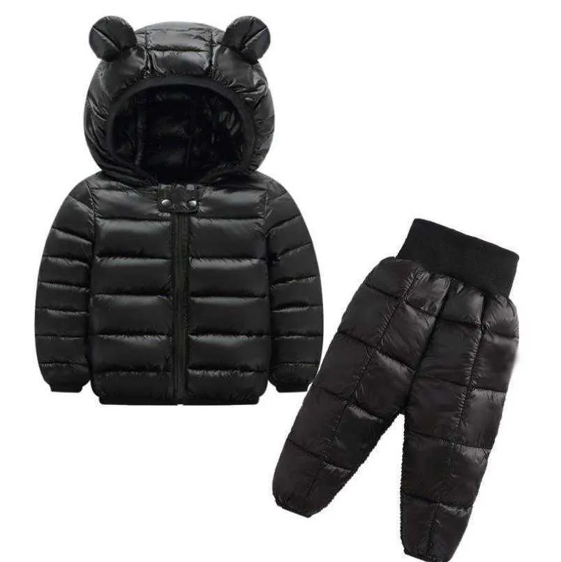 di abbigliamento bambini caldi invernali Neonata Giù Cappotti in cotone Tuta da neve Set completo da sci bambini Giacche con cappuccio da ragazzo + pantaloni1-5Y X0902