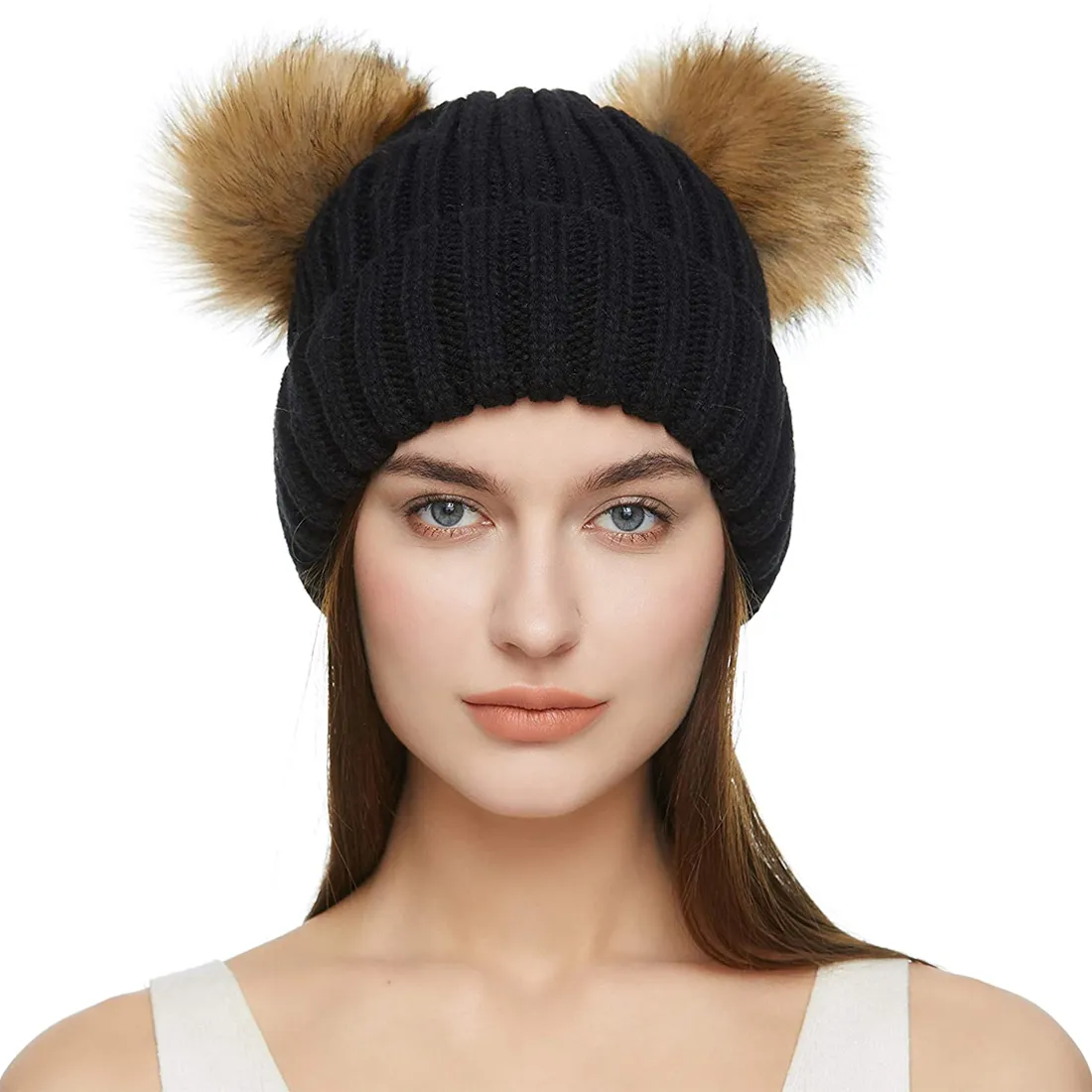 Winter Beanie Hat for Women Knitted Double Pom Pom Faux Fur Raccoon Ball Cap Bobble Skull Hats1305140