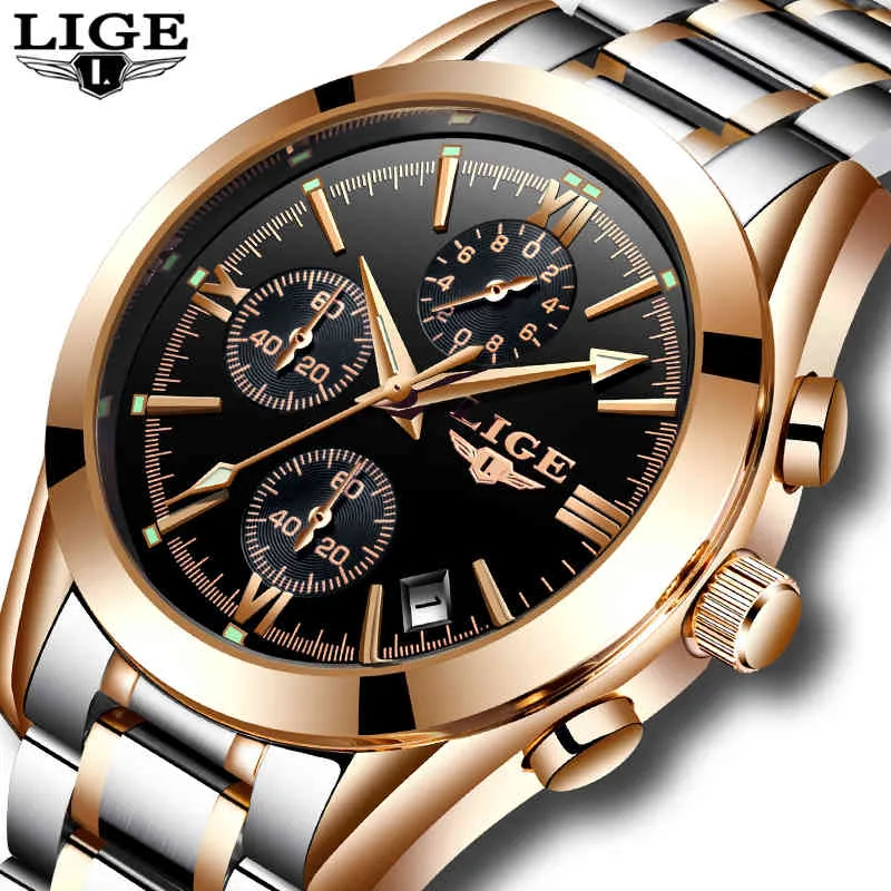 Relogio Masculino Lige Men Top Luxury Brand Military Sport Watch Men's Quartz Cloctz男性フルスチールカジュアルビジネスゴールドWATC2171