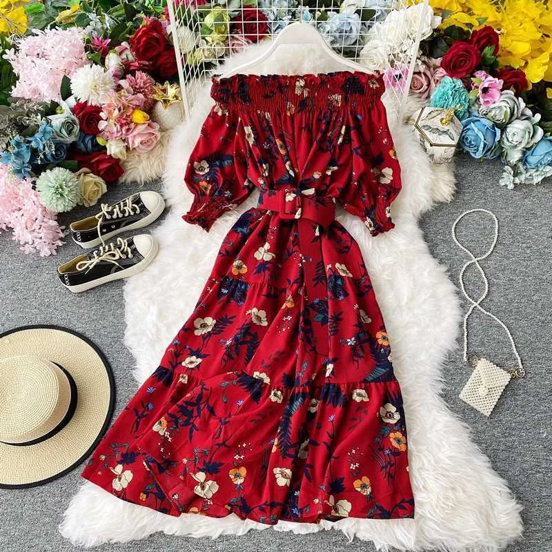 Bohemian Summer Férias Praia Mulheres Floral Impressão Chiffon Dress Sexy Slash Neck off Off Should Blue / Vermelho Dresse Feminino 2020 Novo Y0603