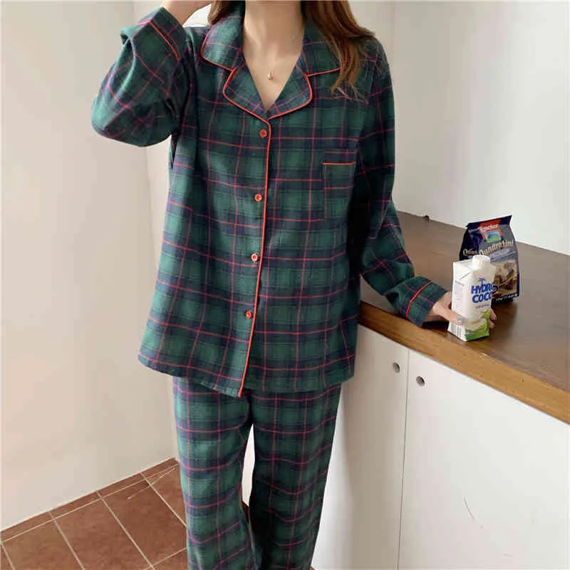 Vår två bitar kostym Cardigans Casual Plaid Koreansk Nightwear Sweet Soft Forewear Loose Fashion Pajamas Sets 210525