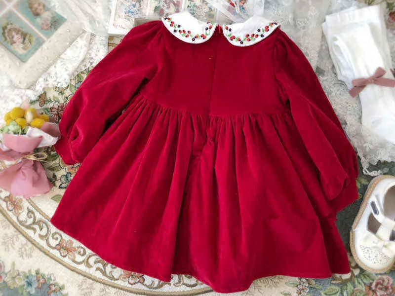 0-7y baby flicka höst vinter röd sammet långärmad vintage turkisk prinsessa klänning klänning för tjejer jul födelsedag casual g1129