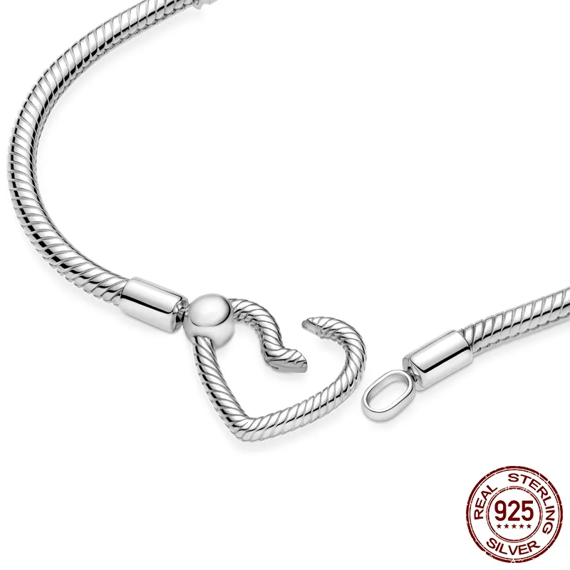 Snake Chain Heart Buckle Bracelet 925 Sterling Silver Fit For Brand Charms Bracelet DIY Fine Jewelry Making Women Gift