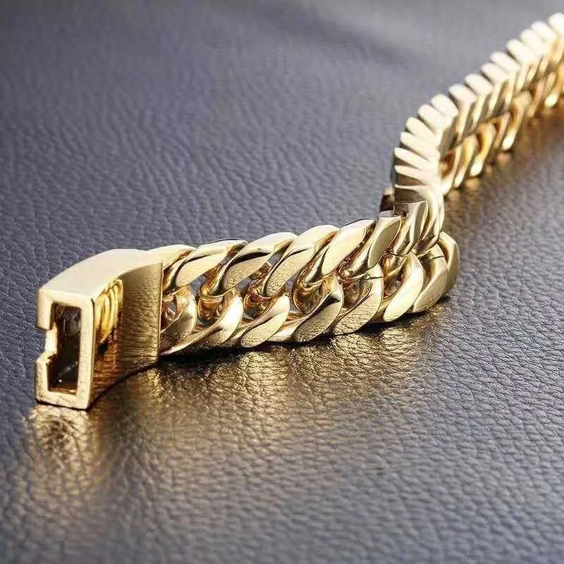 Personality Simple Gold Stainless Steel Cuban Bracelet Retro Men's Hook Bracelet Jewellery Male Hip Hop Jewelry Gifts Q0719
