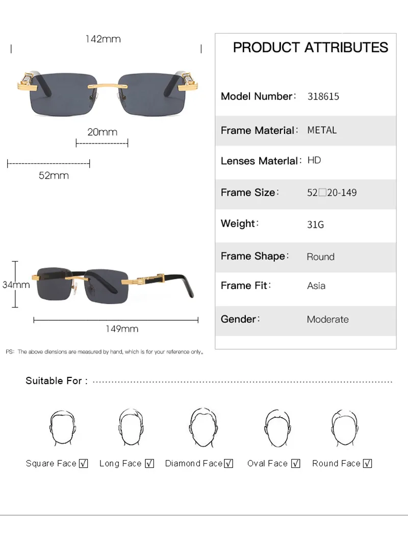 Zonnebrillen Designer Frameloos Vel Lente Tempels Europa en Amerika Kleine vierkante doos 7 kleuren Dames Goud zilver Dames Heren Zon gl230y