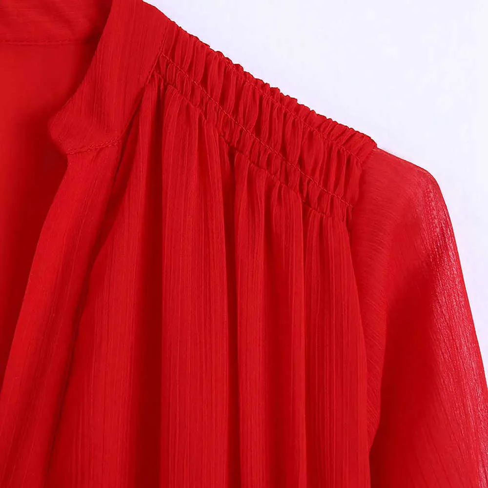 Za vermelho chiffon vestido de verão mulheres cintura elástica curto vintage midi es mulher botão para cima festa de forro 210531