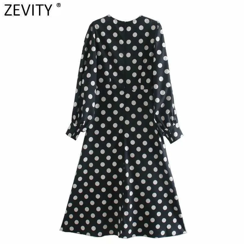 Zeefity Dames Vintage Lange Mouwen Polka Dot Print Een lijn Midi Dress Office Dame Chic Elastische Patchwork Casual Vestido DS4710 210603