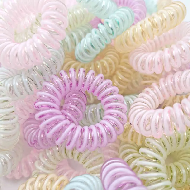 Целые 100 шт. разноцветные эластичные резиновые спиральные катушки из ТПУ, телефонный шнур, проволочные резинки для волос, резинки для волос, кольцо Band4550085