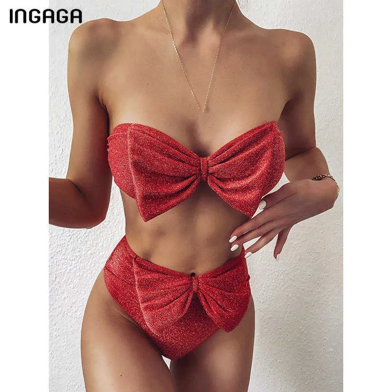 Ingaga Yüksek Bel Bikinis Mayolar Bandeau Mayo Kadınlar Parlak Yay Biquini Katı Straplez Bathers Banyo Takım Elbise 210621