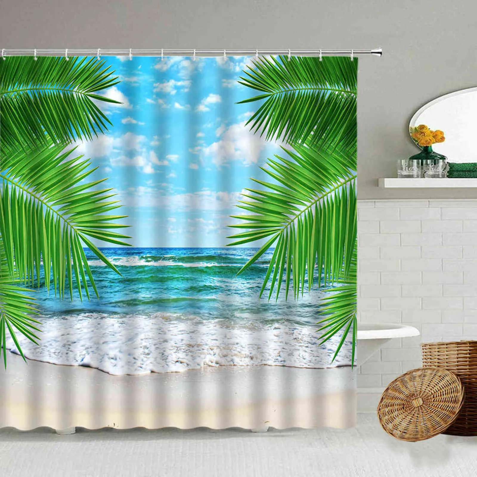 海のビーチヤシの木3D防水シャワーカーテン夏自然の風景のバスルームアクセサリーホックカーテンの家の装飾211116