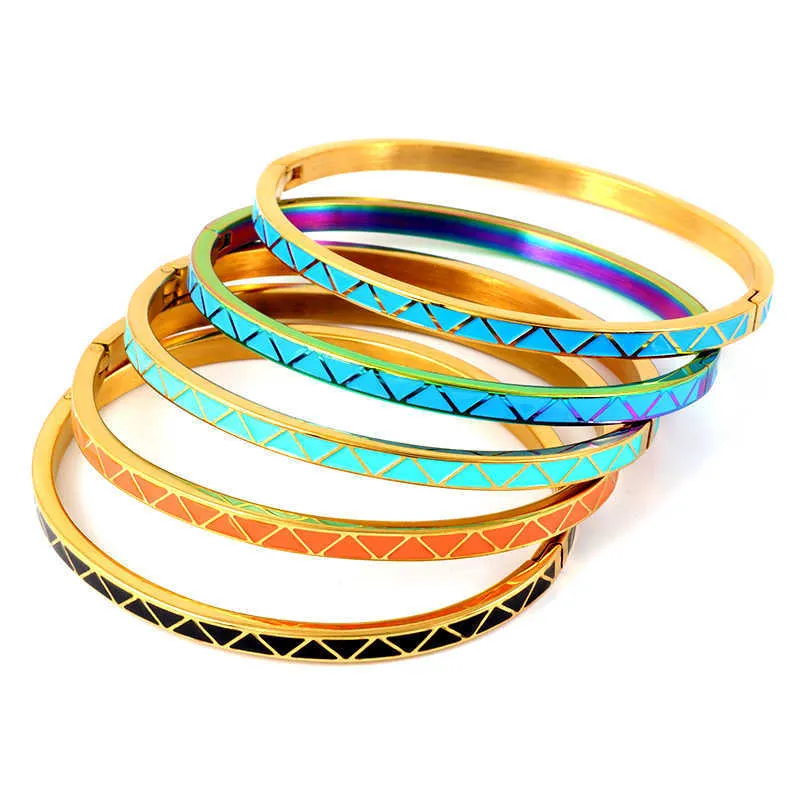 5 färg triangel mönster Bangles för kvinnor rostfritt stål guld tunna bangles armband orange blå färg emalj smycken Q0719