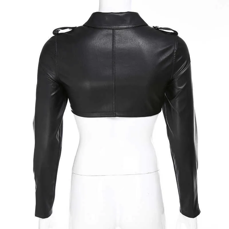 Iamty Zwart PU Leather Crop Jacket Street Wear Punk Stijl Damesjassen Lange mouwen Turn-Down Rits Korte Mode 211025