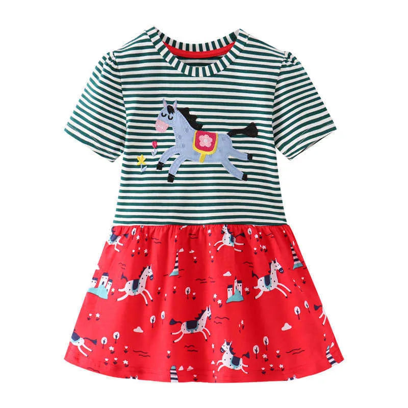 Jumping Meters Princess Arrival Baby Unicorns Dresses Girls Cotton Clothing Stripe Summer Kids Party Dress for Children Wear 210529