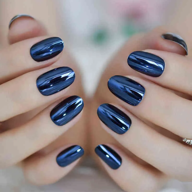 Unghie finte Splendide unghie finte a specchio blu, ovali, metalliche, di qualità, glamour, nail art, punte progettate con colla adesiva, perfette l'uso quotidiano 220225