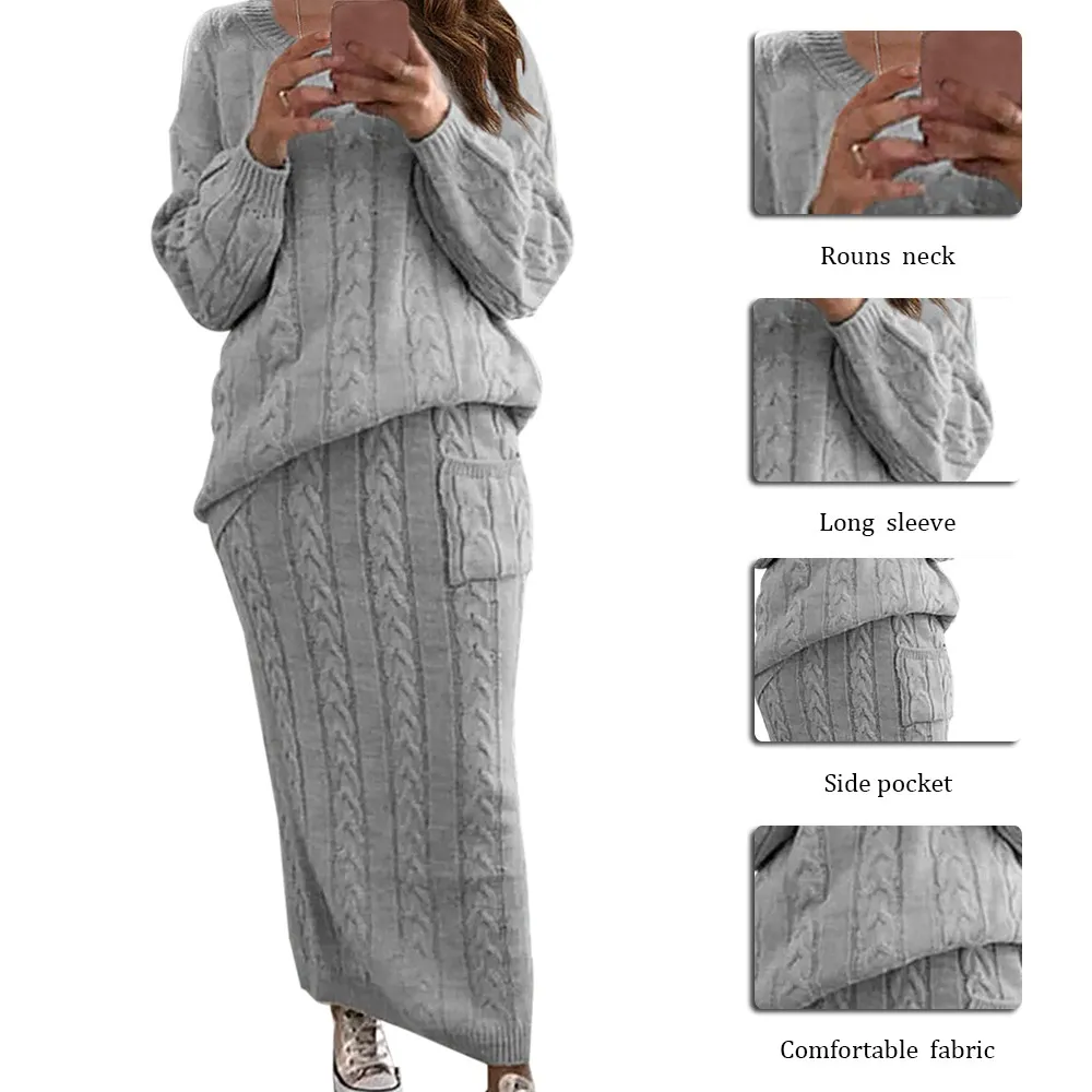 Two Piece Set Women Pants Dress Long Sleeve Crop Tops Pencil Skirt Sets Womens Sweater Knitted Skirt Winter Suit 