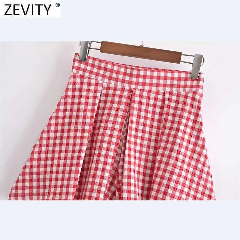 Zevity Women Fashion Red Plaid Print Pleated Bermuda Skirts Shorts Female Chic Side Zipper Casual Pantalone Cortos P1090 210719