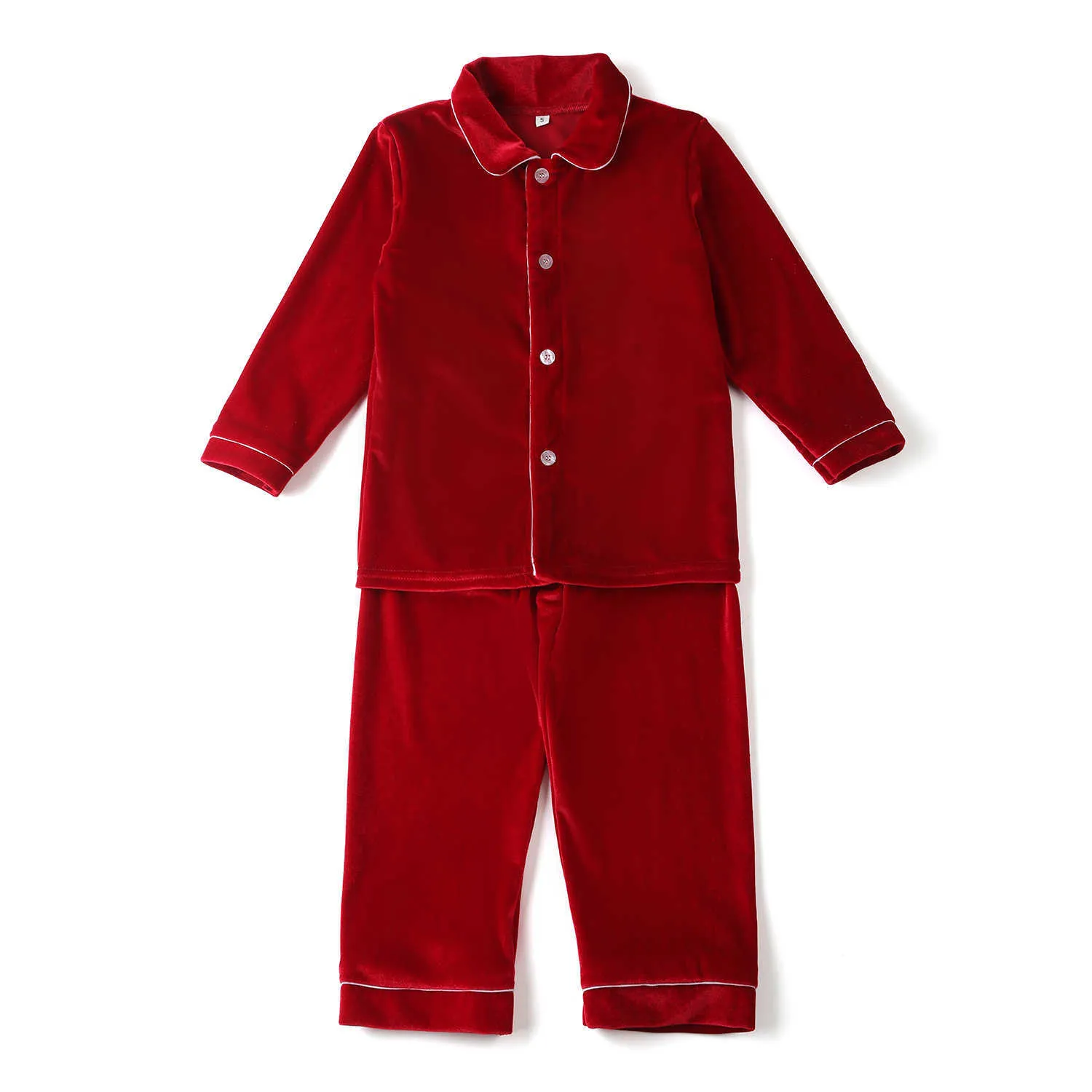 Enfants Velvet Vêtements de nuit Button Down Sibling Match Garçons et filles Pyjamas Set Rouge Luxe Noël PJS 210908