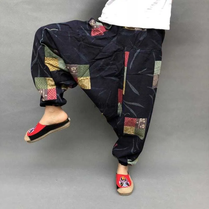 Plus Rozmiar Luźna Bawełniana Pościel Druk Drop Crotch Harem Spodnie Bloomers Latarn Kobiety Spodnie Aladdin Indian Nepal Baggy Spodnie Q0801