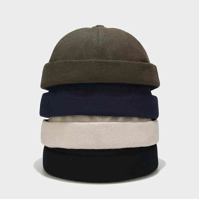 Solid Color Spring Summer Korean Version No Visor Melon Cap Hip Hop Fashion Unisex Cotton Vintage Beanie Men'S Hat Y21111