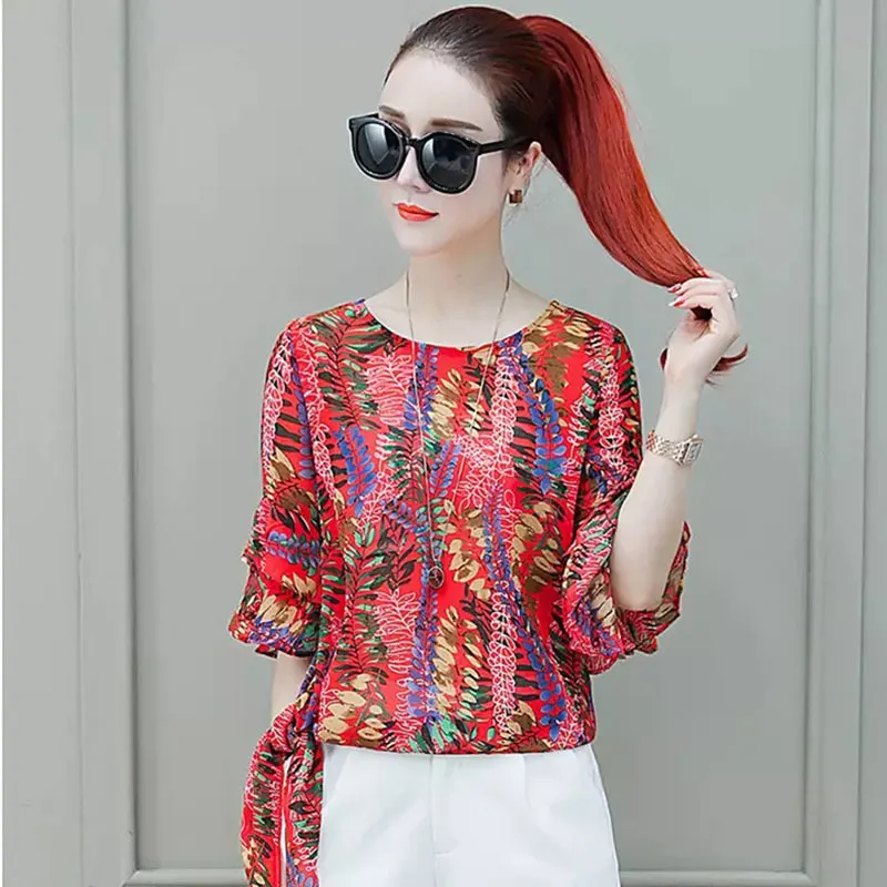 Women in stile bohémien Summer Chiffon Curse camicie Lady Casual Short Fireve Sleeve O-Neck Blusas Tops DF2853 210225