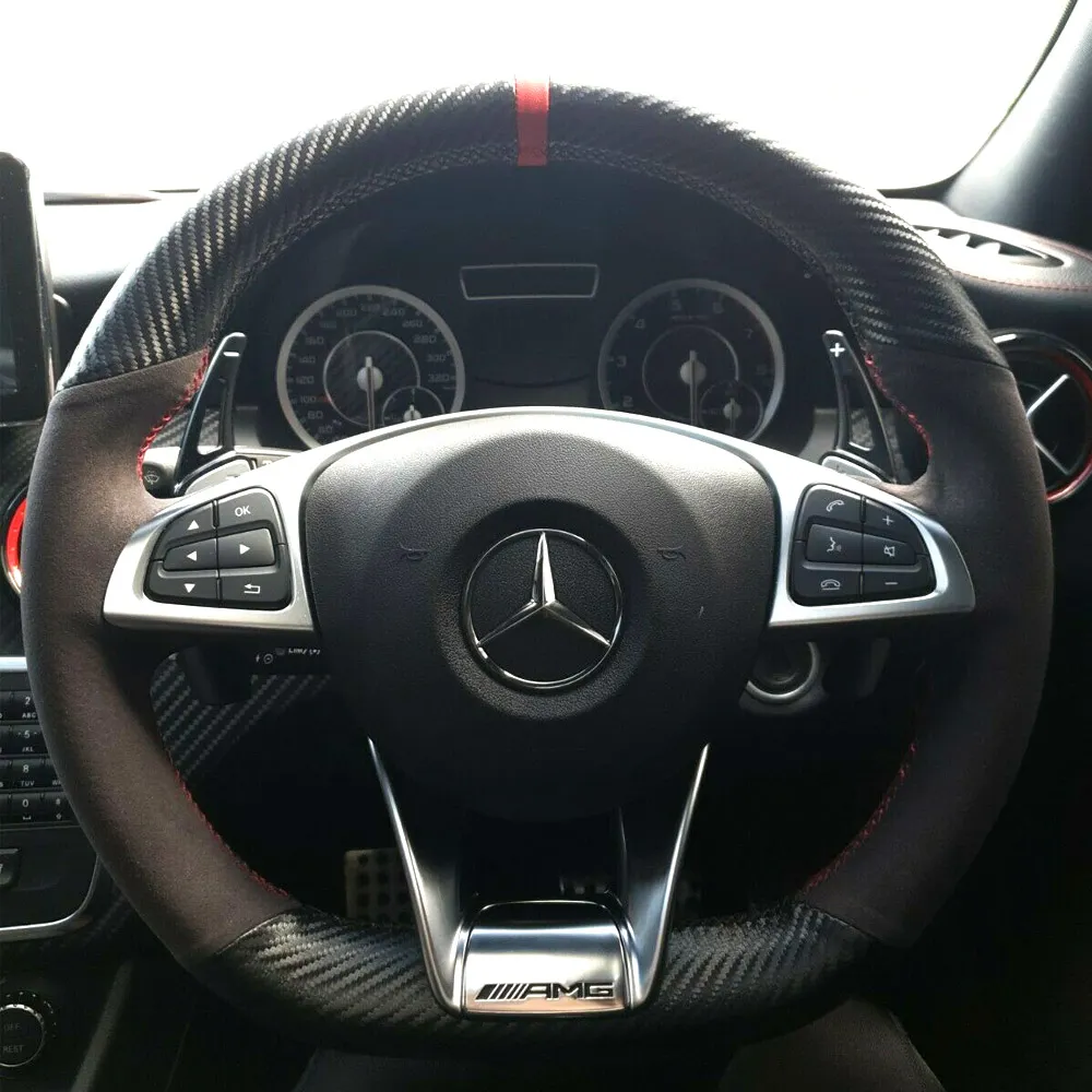 3D Carbon Fiber & Black Suede Leather Steering Wheel on Wrap Cover For Mercedes Benz S-Class S500 / A-Class AMG A45 16-19