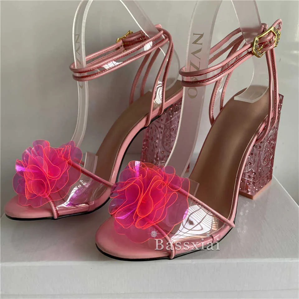 Handgjorda geléblomma Ankel Strappy Sandals Kvinnor Jeweled Crystal High Heels Open Toe PVC Candy Färg Rhinestone Sommarskor Y0714