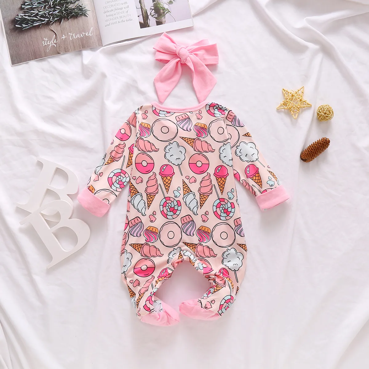 MaBaby 0-6M Neonato Neonate Footies Cute Ruffles Tuta manica lunga Cactus Donuts Stampa Autunno Baby Girl Clothes 210317