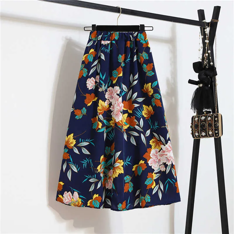 Faldas de verano Vintage Estampado floral Gasa A-Link Falda Elástica Cintura alta Casual Midi Falda Ropa Jupe Tallas grandes 210730