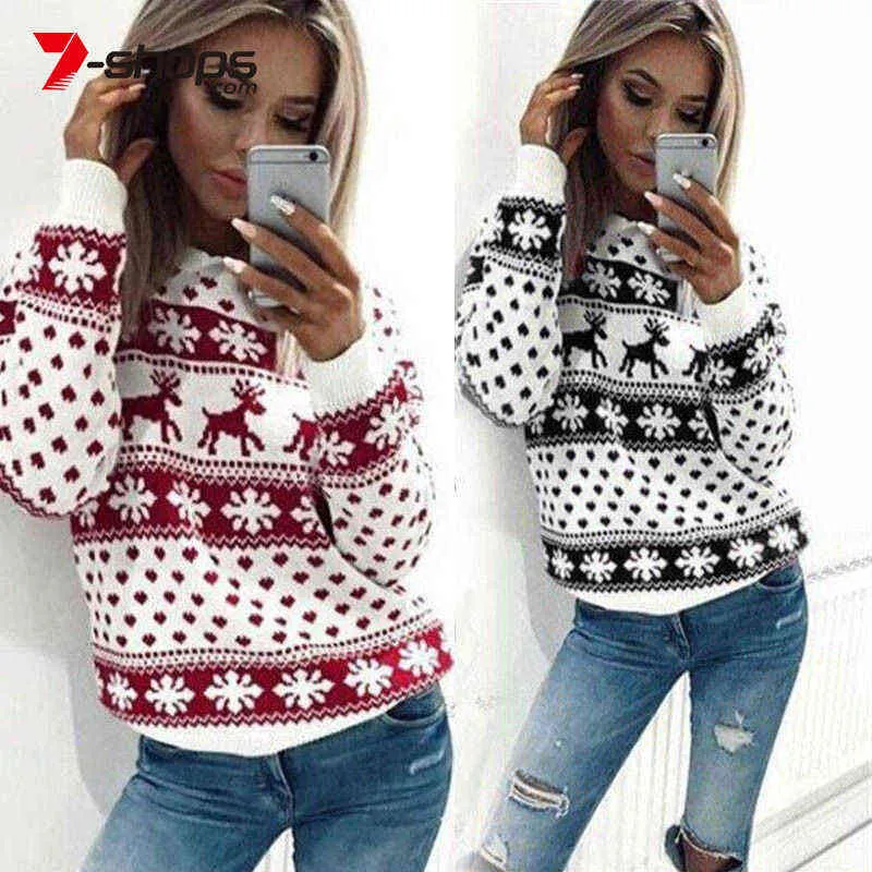 AECU Jultröja för kvinnor 2018 Winter Deer Snow Pattern Patchwork Ugly Sweater Knitted Jumpers Pullovers Knitwear Y1118