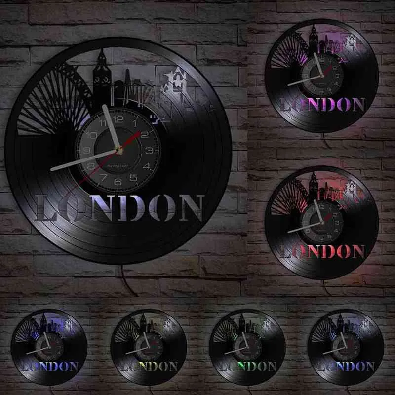 Londra Skyline Re-Afficato Record Orologio da parete Inghilterra Inghilterra Skyscraper Landmark Vinyl Album Fine Art Clock Cityscape Art Home Decor H1230