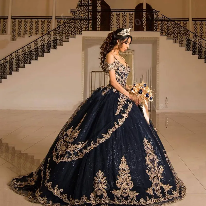 プリンセスネイビーブルーベスティドスDE 15 A OS Quinceanera Dresses 2021 Sweet 16 Dress Coleccion Charro Ball Gown Prom Gowns294c